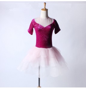 Fuchsia hot pink velvet short sleeves and light pink patchwork girls kids children stage performance competition tutu skirts ballet dance dresses outfits costumes